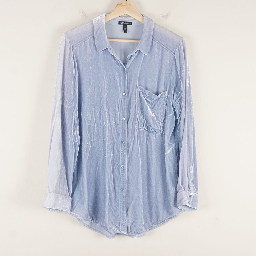 Eileen Fisher Velvet Blue Button Down Long Sleeve Silk Blend Shirt Sz M
